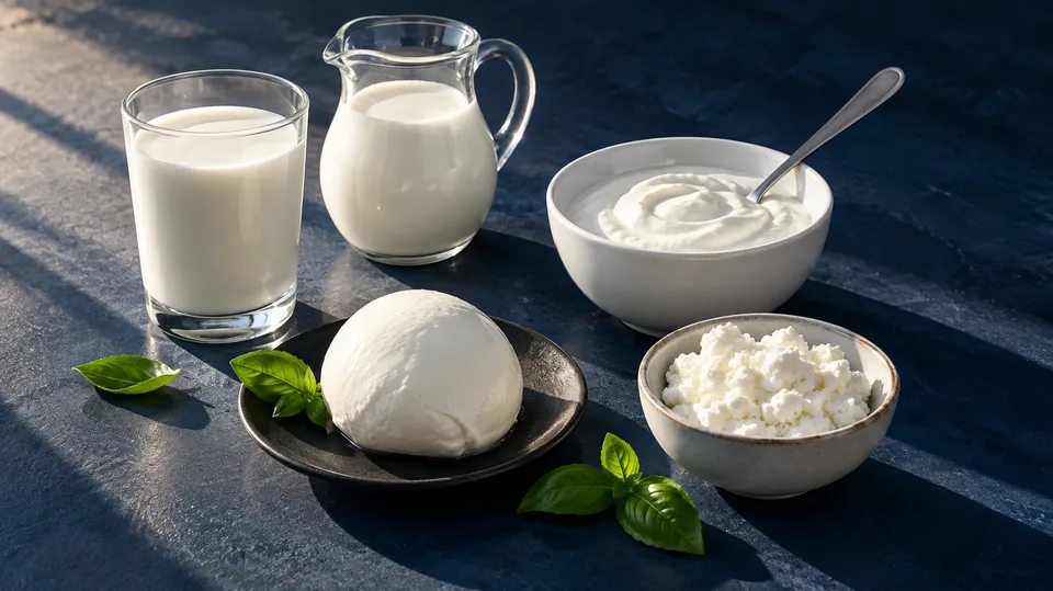 Et glas mælk, en kande mælk, en skål yoghurt og frisk ost på en mørkeblå flade