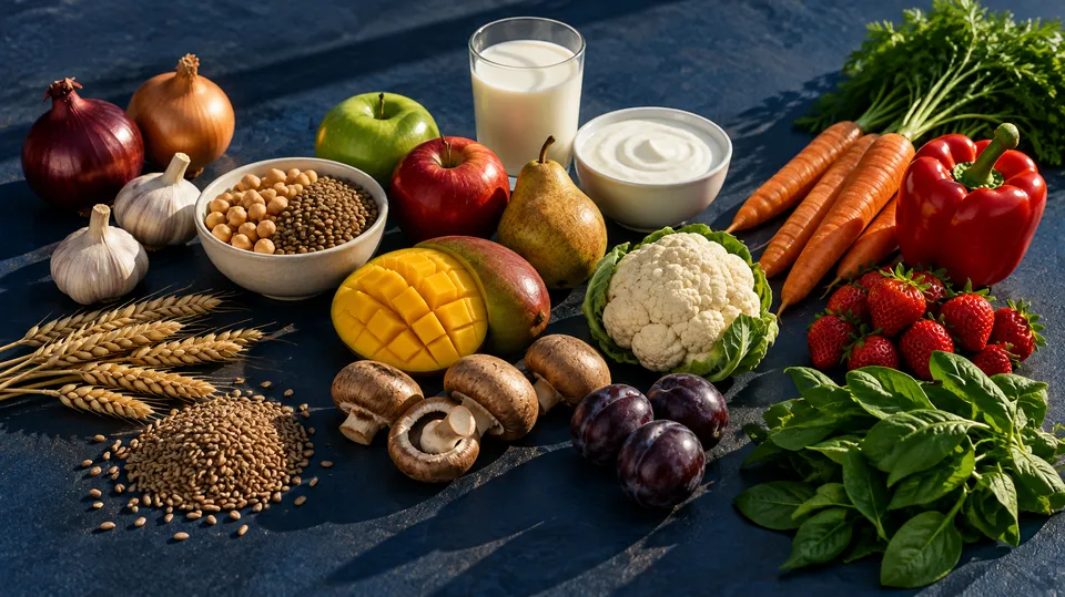 Farverig opstilling af råvarer som løg, hvidløg, kornaks, kikærter, mælk, æbler, mango, svampe, blommer og grøntsager på en mørkeblå flade