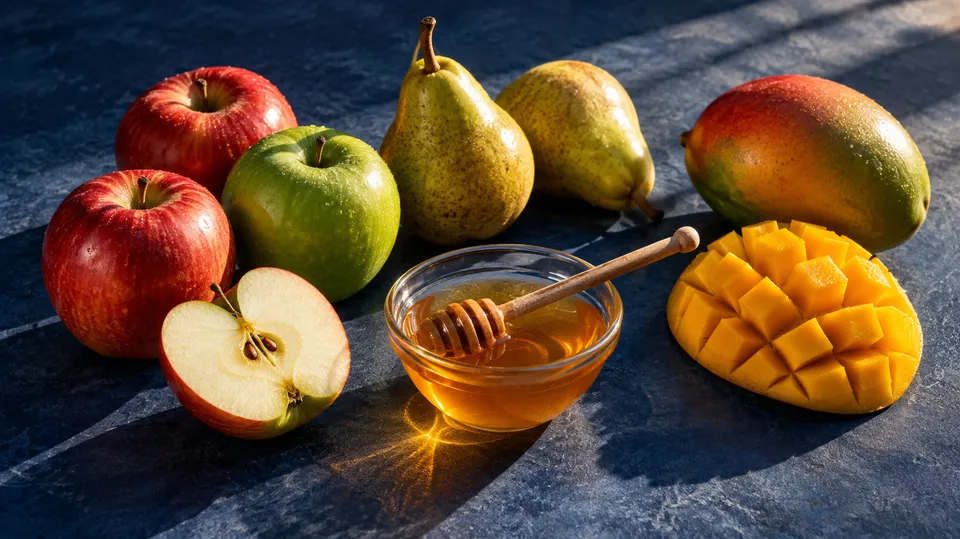 Æbler, pærer, mango og en skål honning på en mørkeblå flade