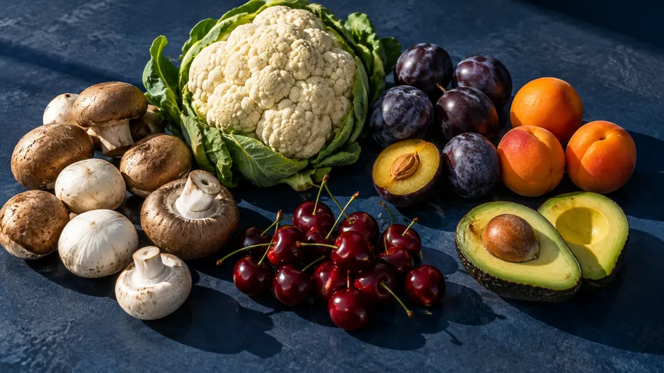 Svampe, blomkål, blommer, abrikoser, kirsebær og avocado på en mørkeblå flade